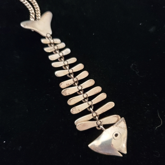 Vintage Mexican Sterling Articulated Fishbone Necklace Moveable Pre 1970's - Picture 11 of 13
